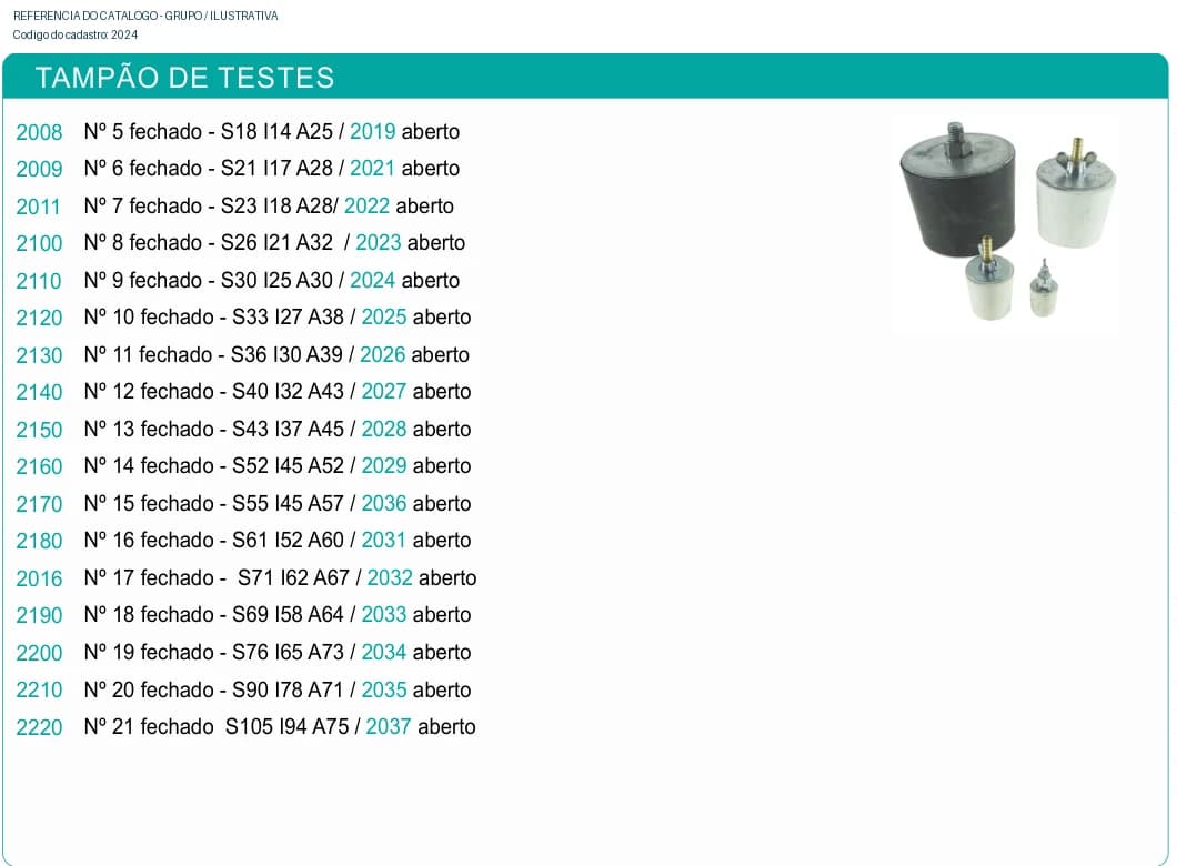 Tampão de testes Nº 9 aberto - S30 I25 A30