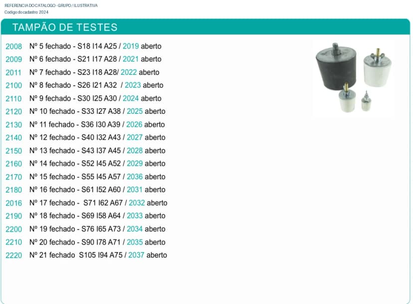 Tampão de testes Nº 9 aberto - S30 I25 A30